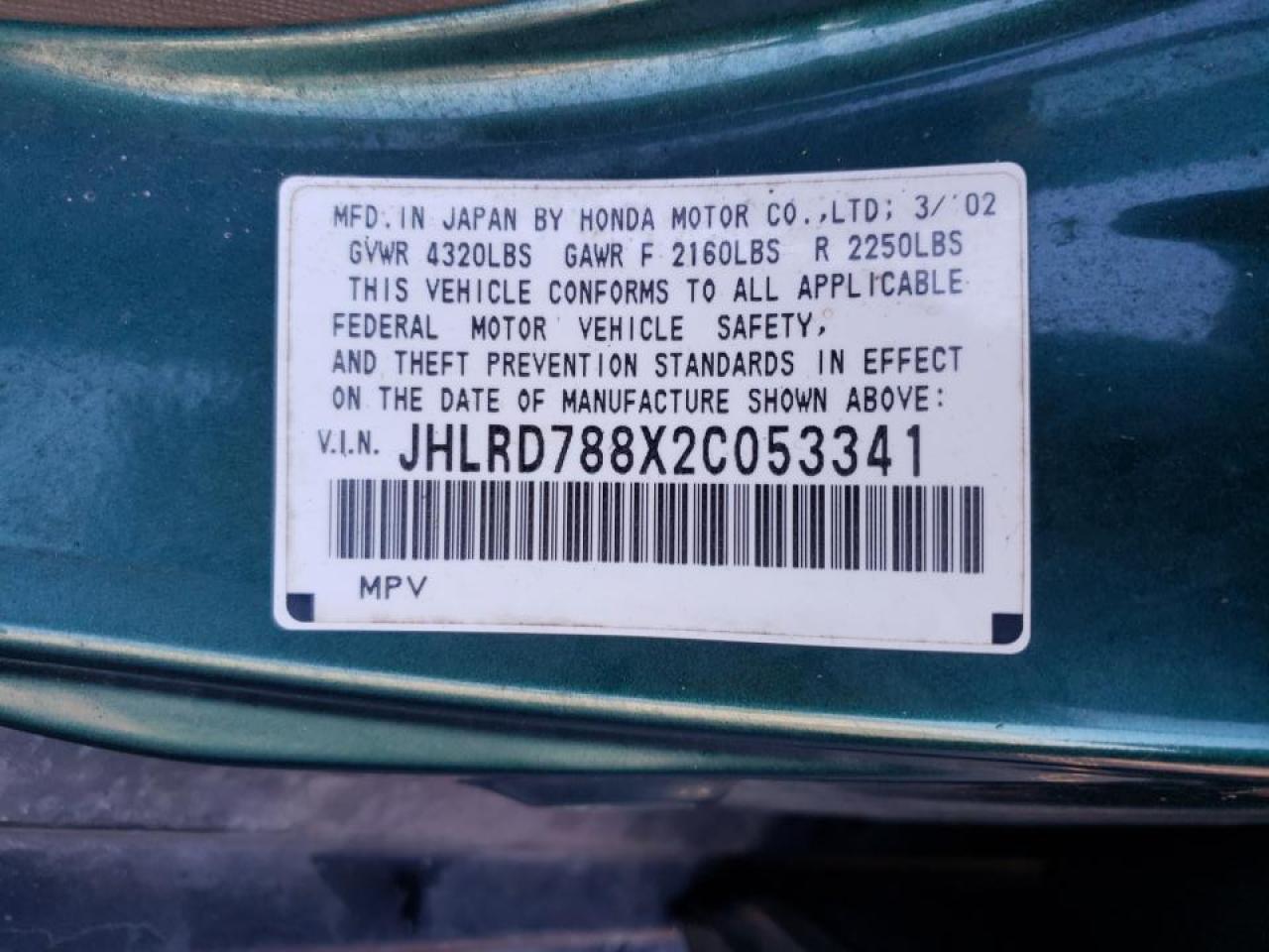 Photo 10 from auction – 2002 HONDA CR-V EX with VIN JHLRD788X2C053341