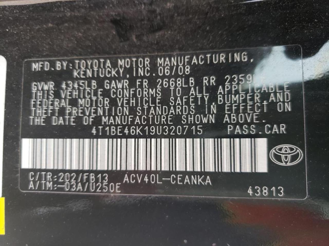 Photo 10 from auction – 2009 TOYOTA CAMRY BASE with VIN 4T1BE46K19U320715
