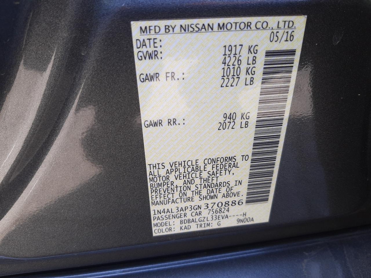 Photo 10 from auction – 2016 NISSAN ALTIMA 2.5 with VIN 1N4AL3AP3GN370886