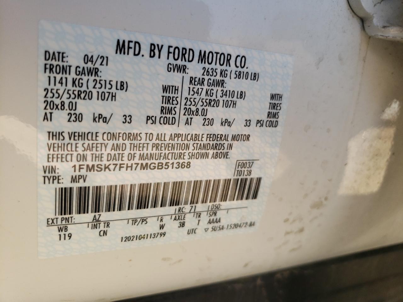 Photo 10 from auction – 2021 FORD EXPLORER L with VIN 1FMSK7FH7MGB51368