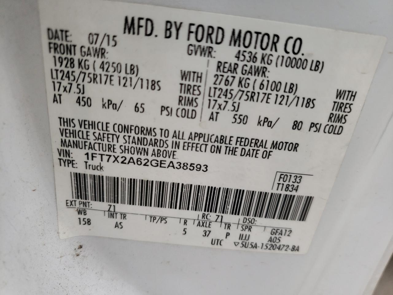 Photo 10 from auction – 2016 FORD F250 SUPER with VIN 1FT7X2A62GEA38593