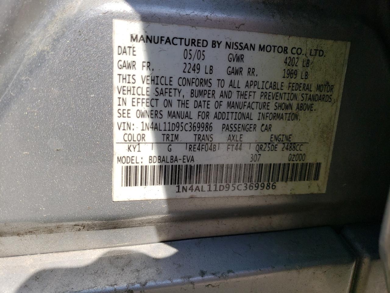 Photo 10 from auction – 2005 NISSAN ALTIMA S with VIN 1N4AL11D95C369986