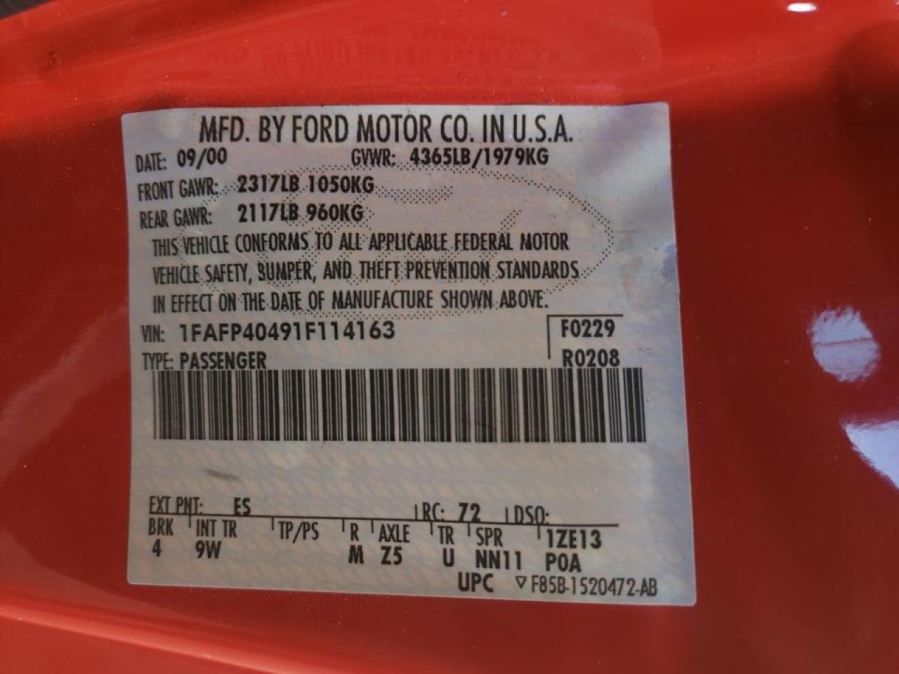 Photo 10 from auction – 2001 FORD MUSTANG with VIN 1FAFP40491F114163