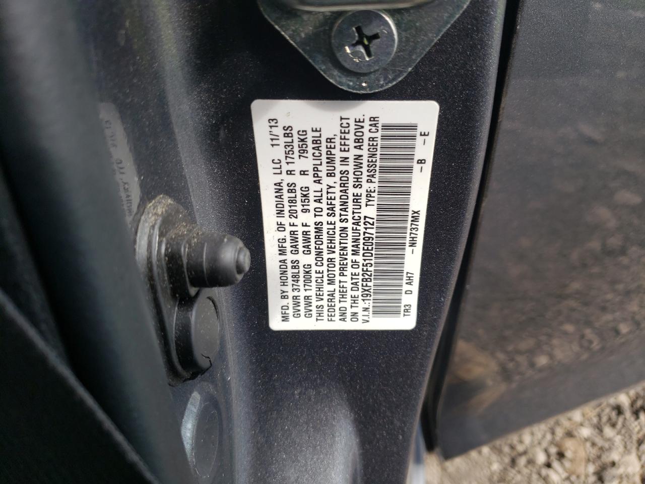 Photo 10 from auction – 2013 HONDA CIVIC LX with VIN 19XFB2F51DE097127