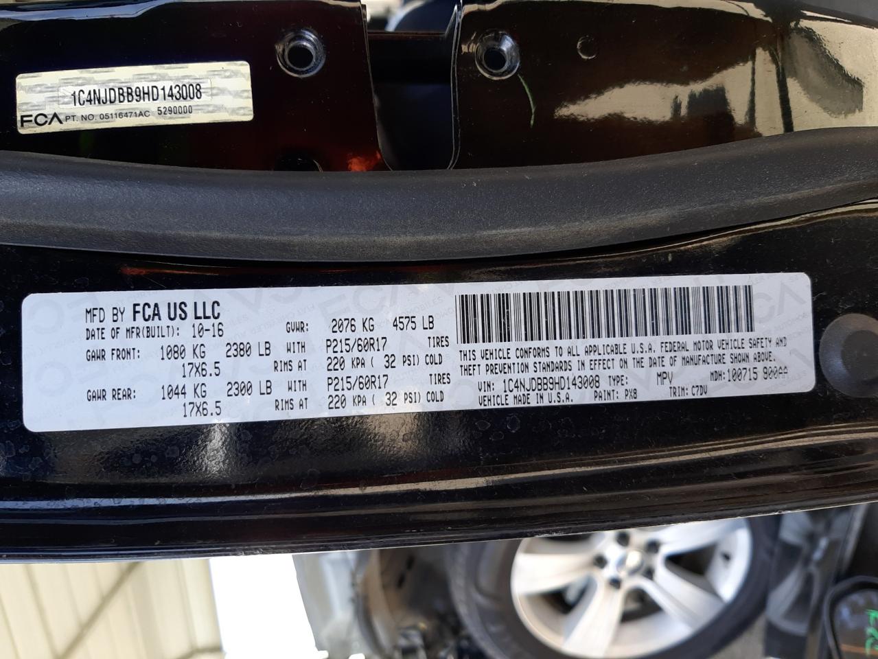 Photo 10 from auction – 2017 JEEP COMPASS SP with VIN 1C4NJDBB9HD143008