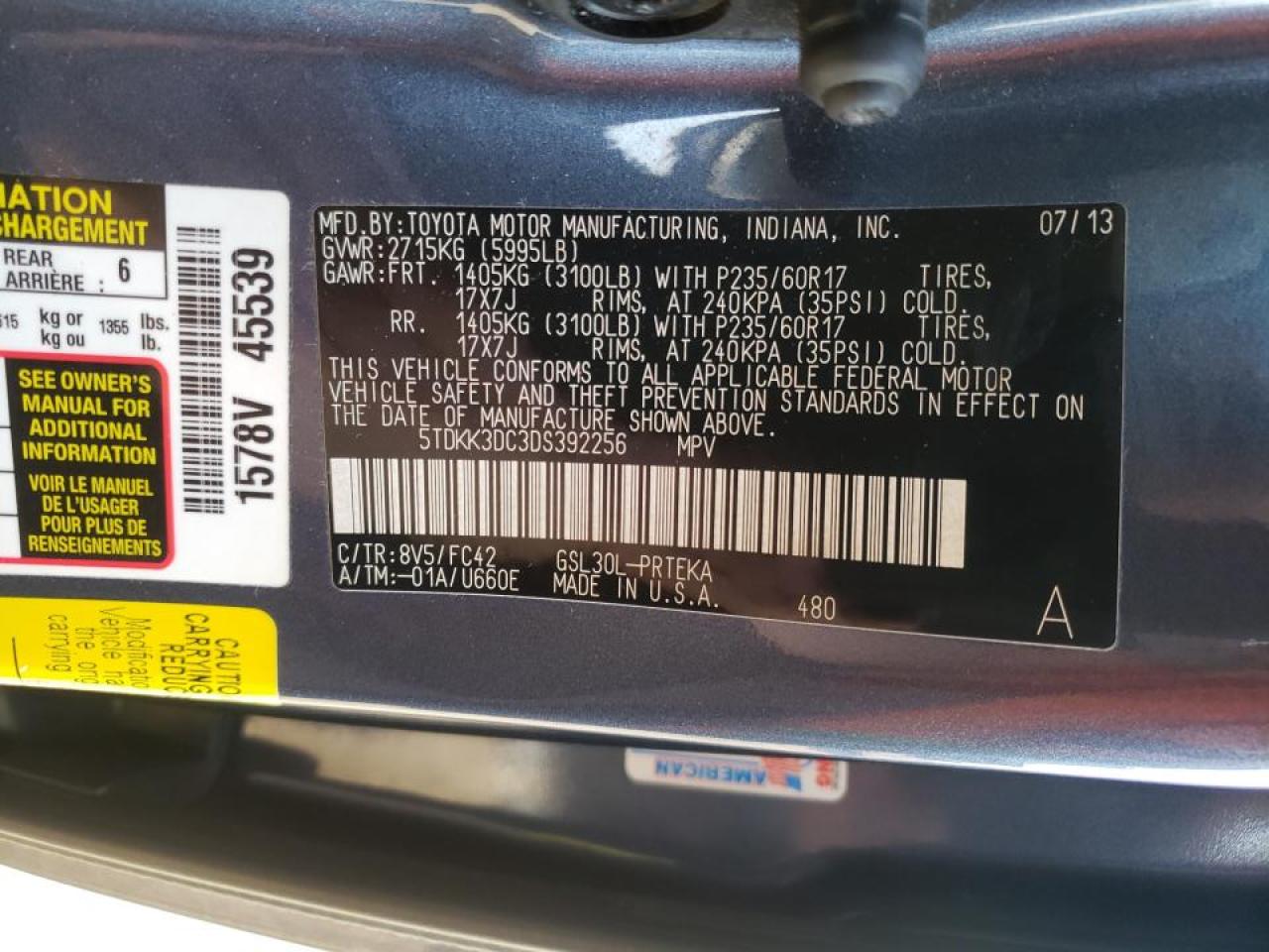 Photo 20 from auction – 2013 TOYOTA SIENNA LE with VIN 5TDKK3DC3DS392256