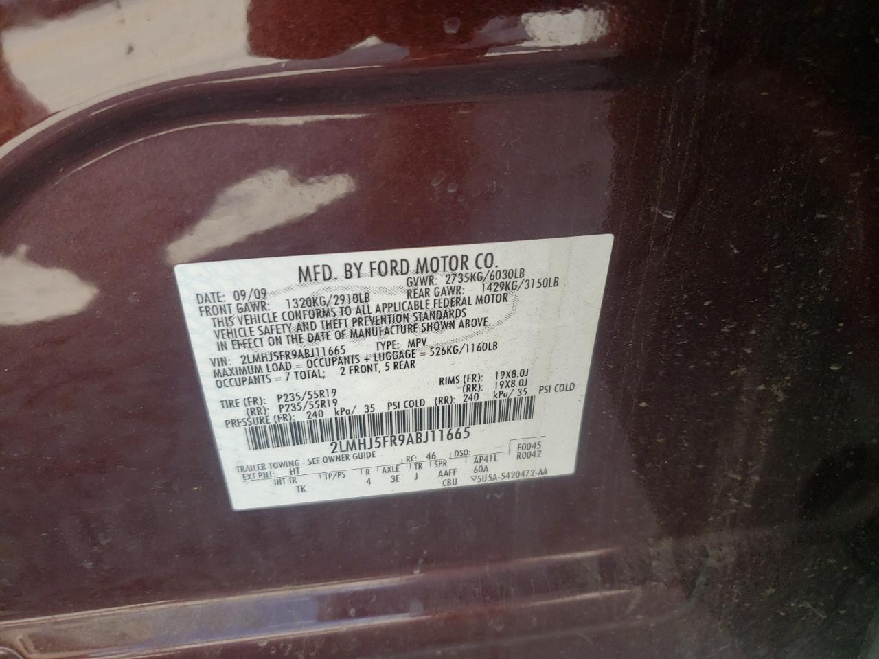 Photo 10 from auction – 2010 LINCOLN MKT with VIN 2LMHJ5FR9ABJ11665