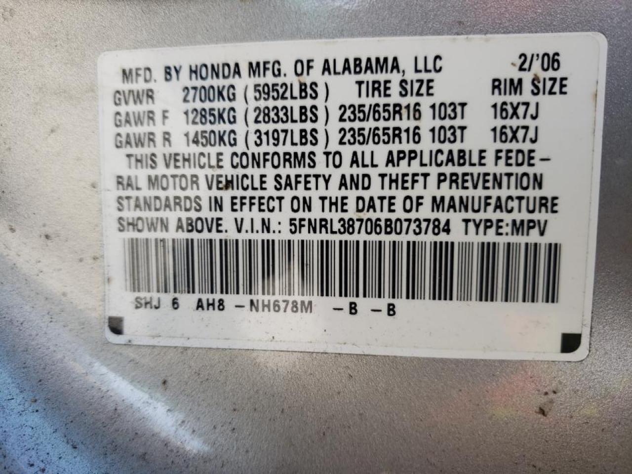 Photo 10 from auction – 2006 HONDA ODYSSEY EX with VIN 5FNRL38706B073784