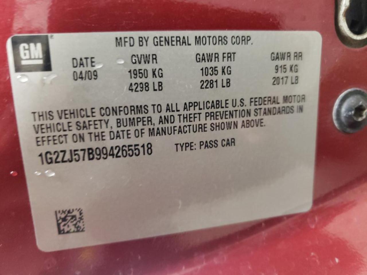 Photo 10 from auction – 2009 PONTIAC G6 with VIN 1G2ZJ57B994265518