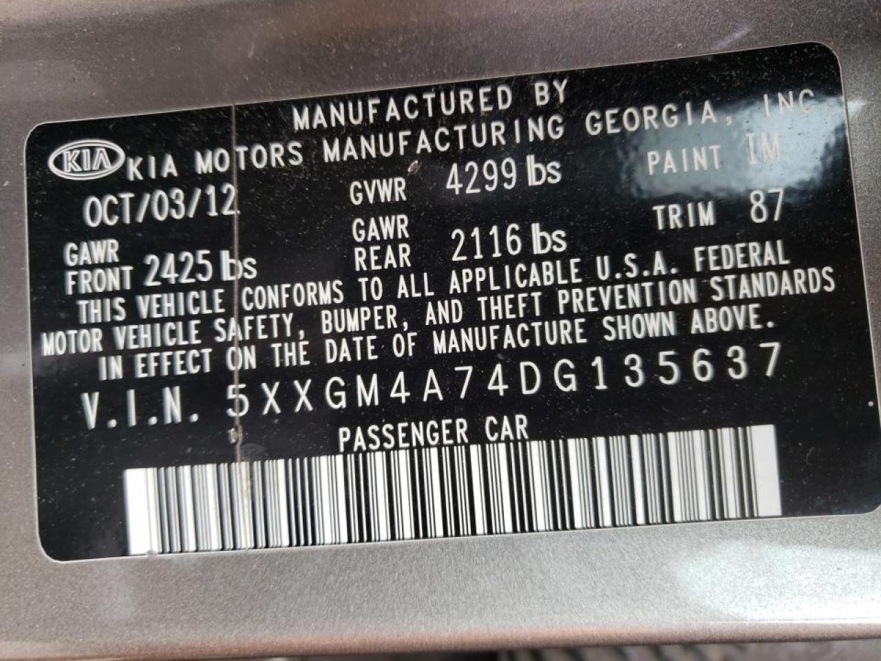 Photo 10 from auction – 2013 KIA OPTIMA LX with VIN 5XXGM4A74DG135637