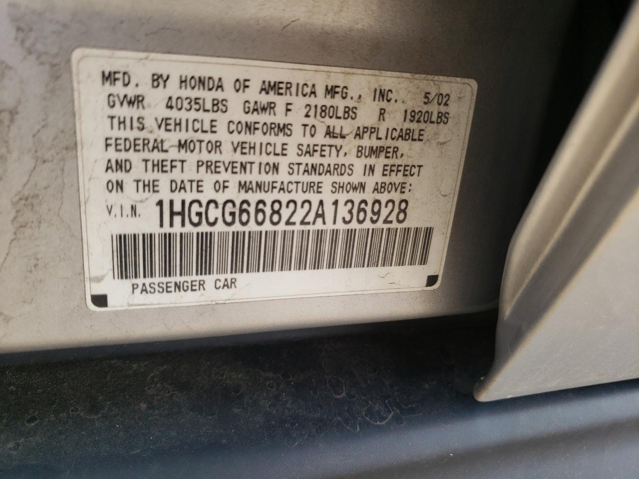 Photo 10 from auction – 2002 HONDA ACCORD EX with VIN 1HGCG66822A136928