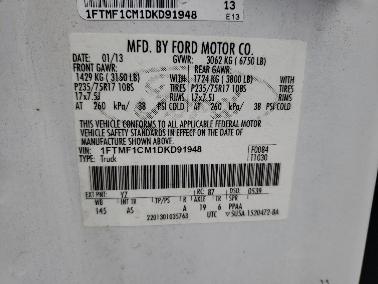 Photo 10 from auction – 2013 FORD F150 with VIN 1FTMF1CM1DKD91948