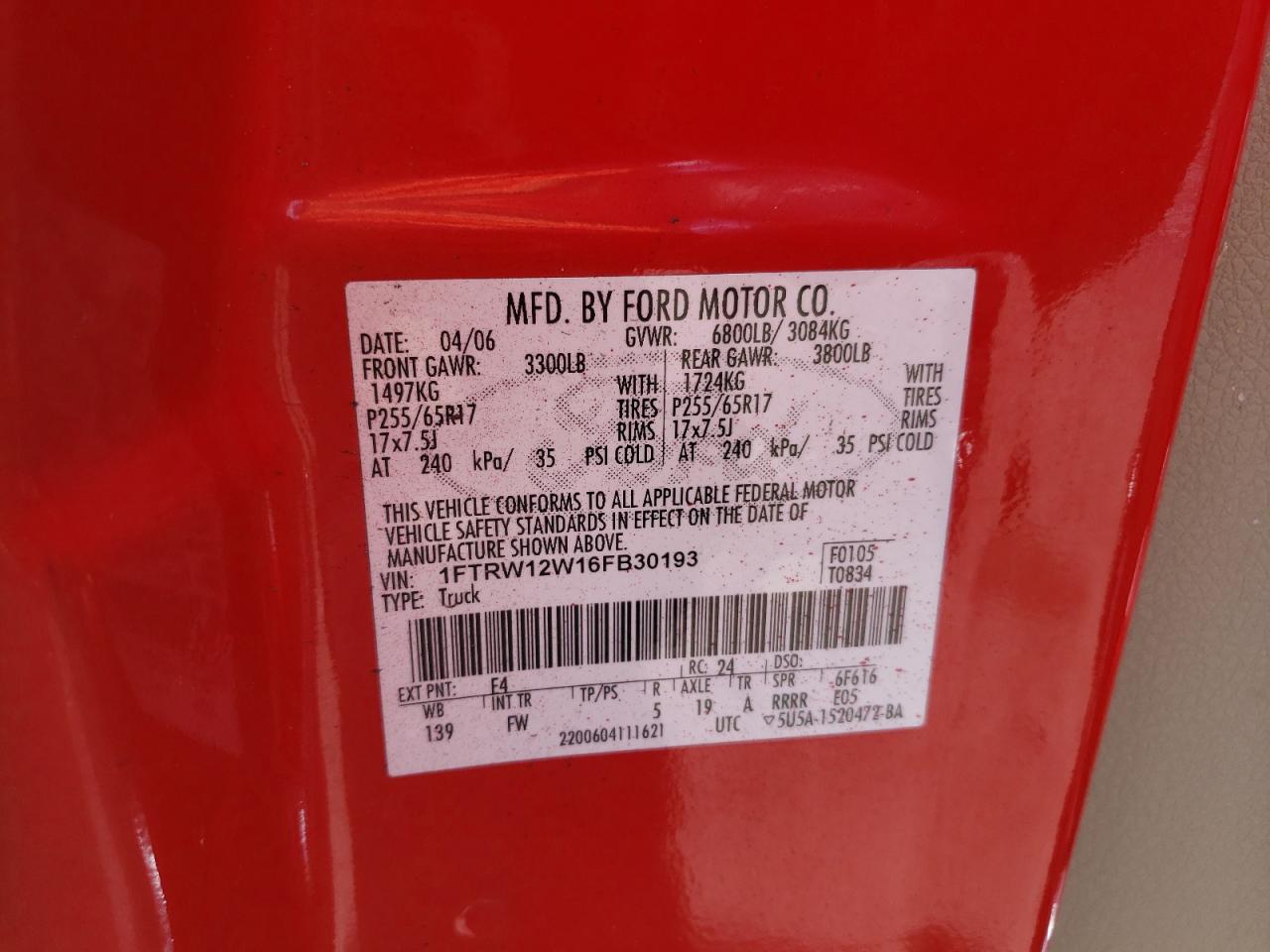 Photo 10 from auction – 2006 FORD F150 SUPER with VIN 1FTRW12W16FB30193