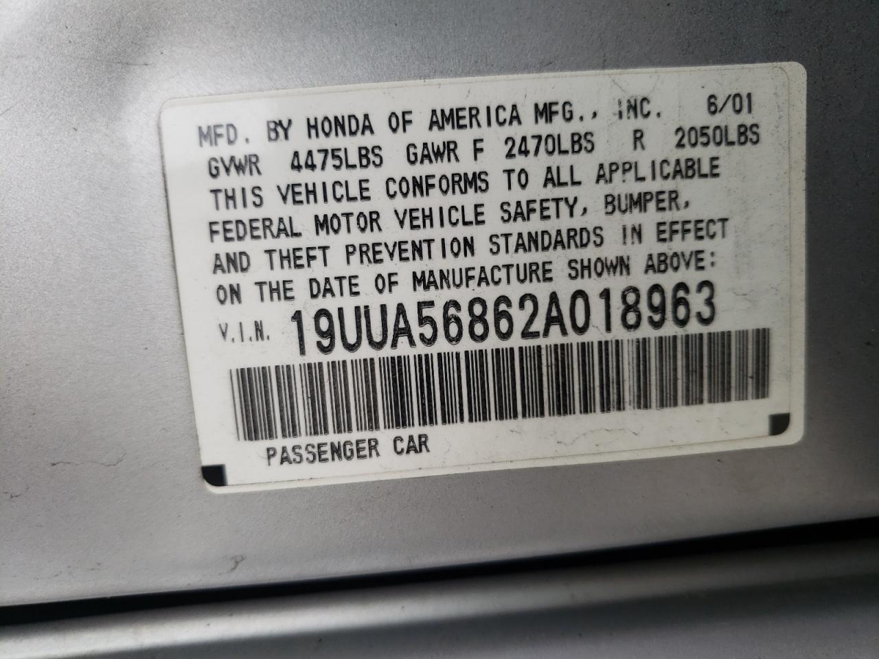 Photo 10 from auction – 2002 ACURA 3.2TL TYPE with VIN 19UUA56862A018963