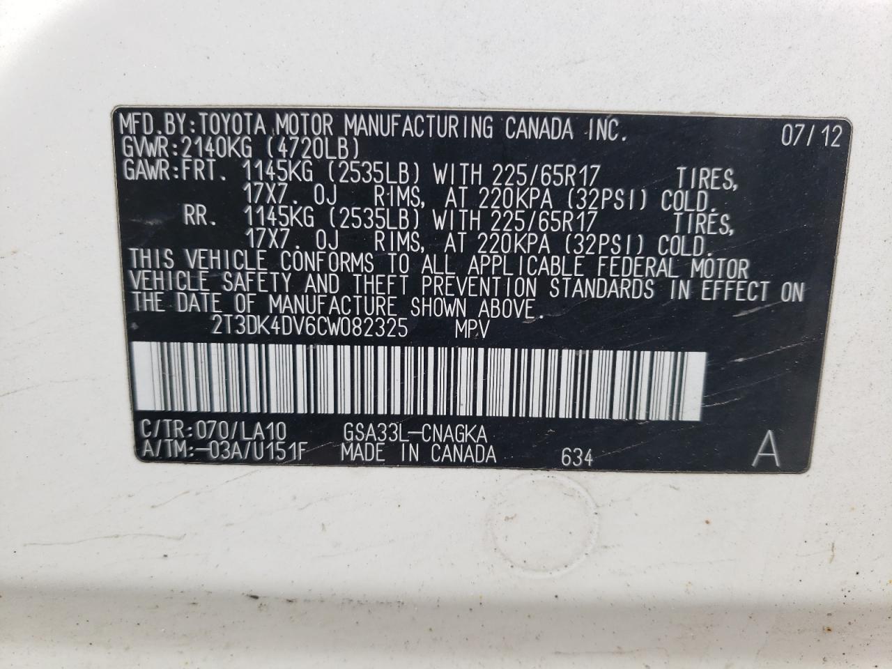 Photo 10 from auction – 2012 TOYOTA RAV4 LIMIT with VIN 2T3DK4DV6CW082325