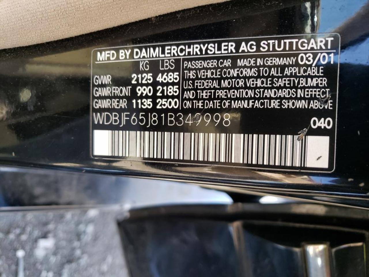 Photo 10 from auction – 2001 MERCEDES-BENZ E 320 with VIN WDBJF65J81B349998