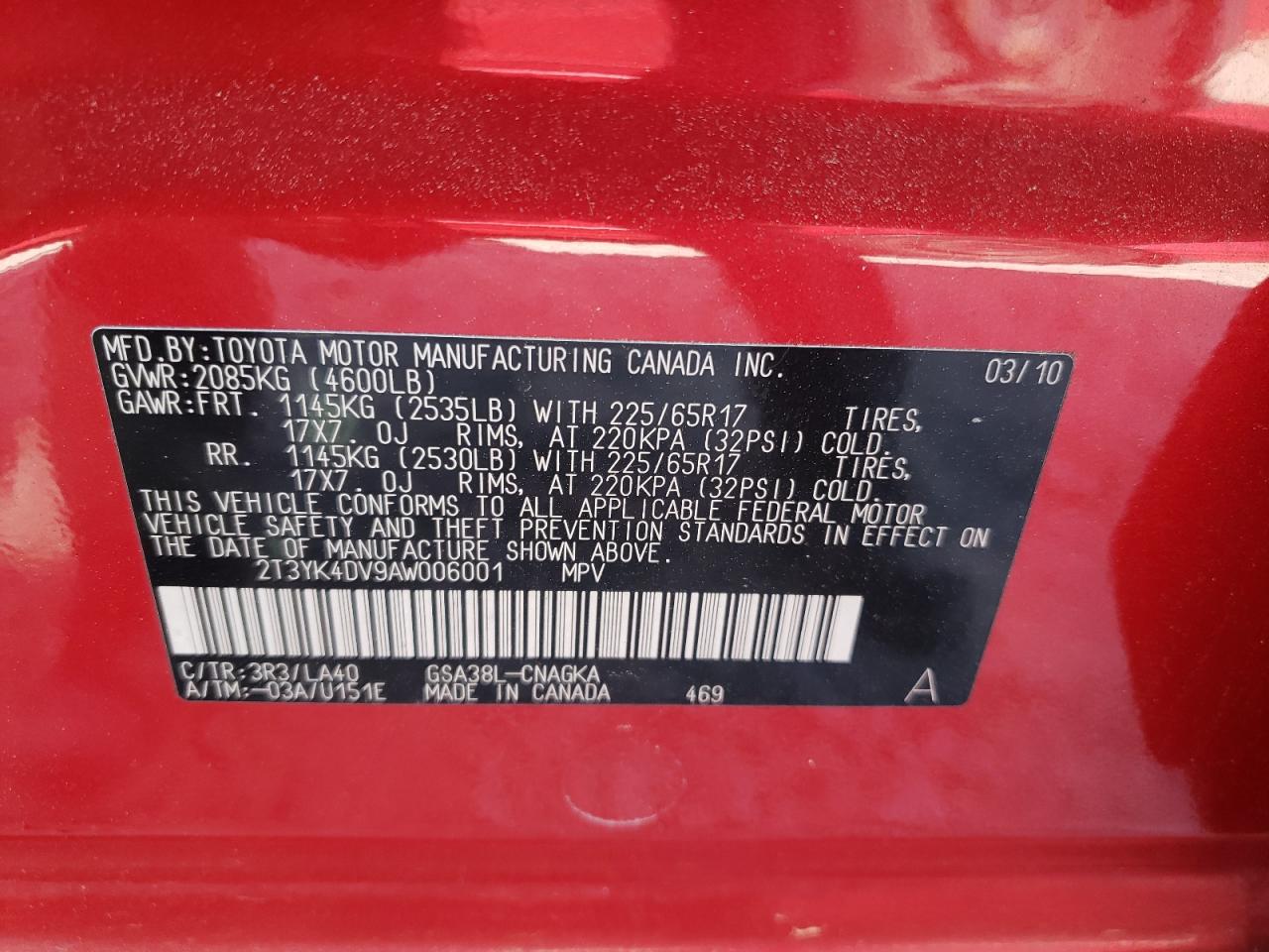 Photo 10 from auction – 2010 TOYOTA RAV4 LIMIT with VIN 2T3YK4DV9AW006001