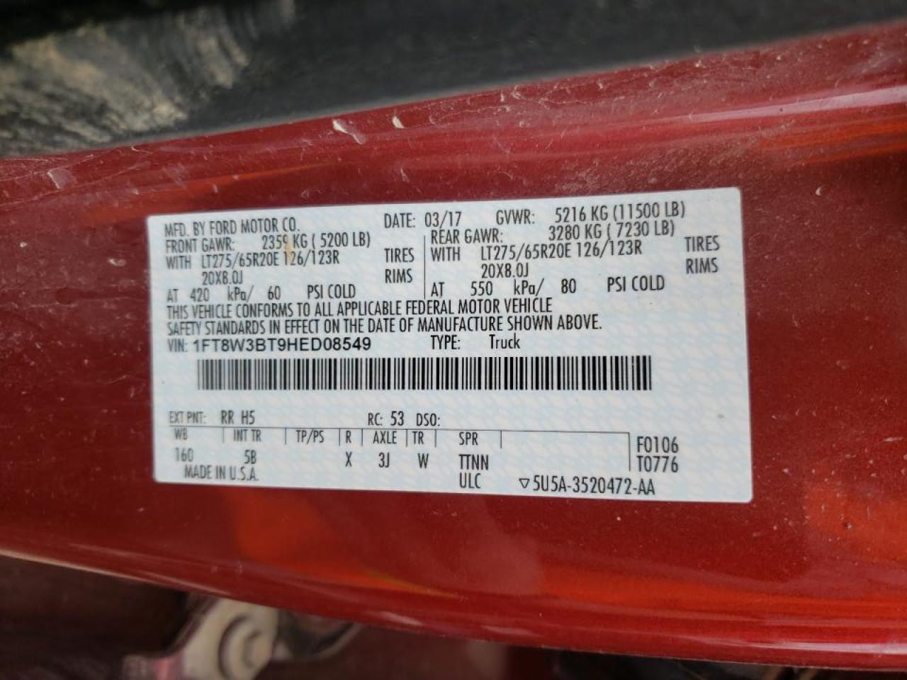 Photo 10 from auction – 2017 FORD F350 SUPER with VIN 1FT8W3BT9HED08549