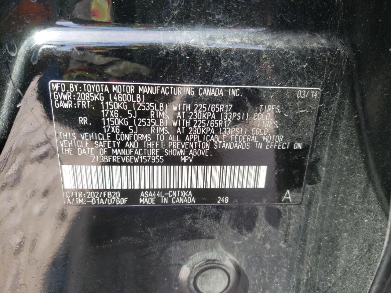 Photo 10 from auction – 2014 TOYOTA RAV4 LE with VIN 2T3BFREV6EW157955