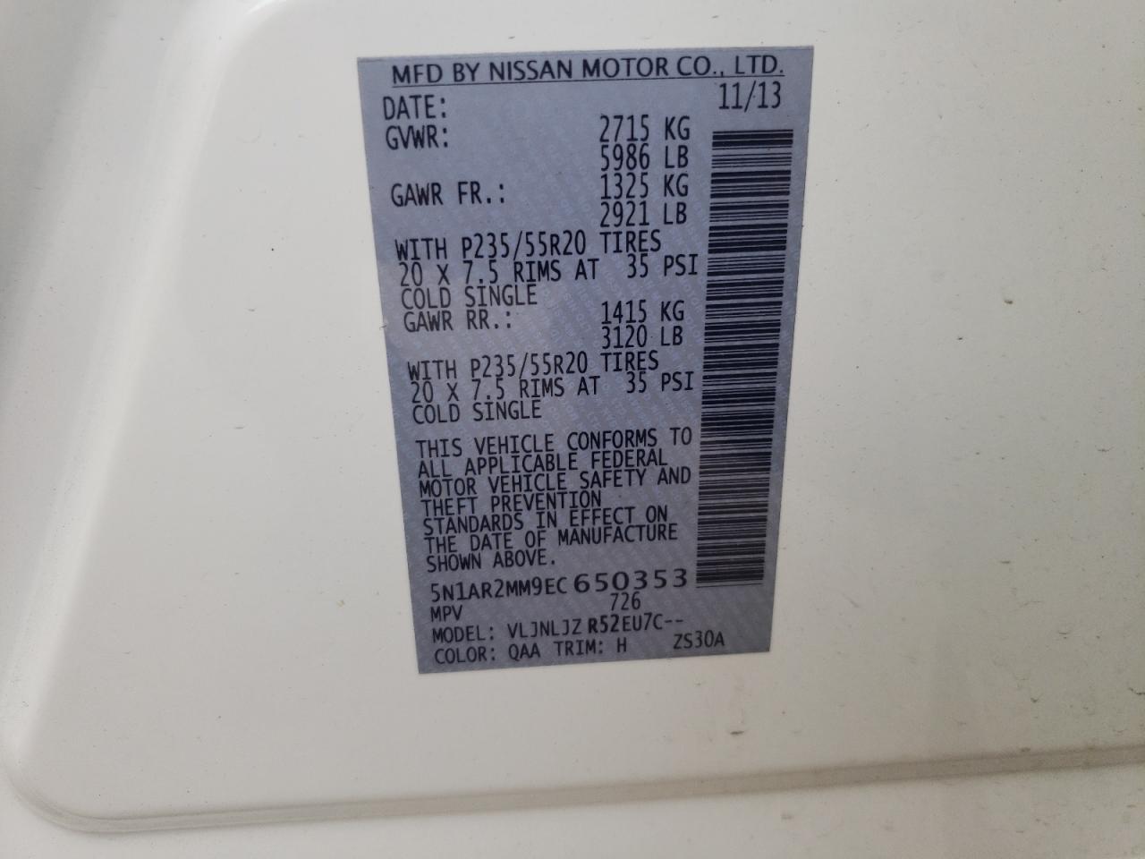 Photo 10 from auction – 2014 NISSAN PATHFINDER with VIN 5N1AR2MM9EC650353