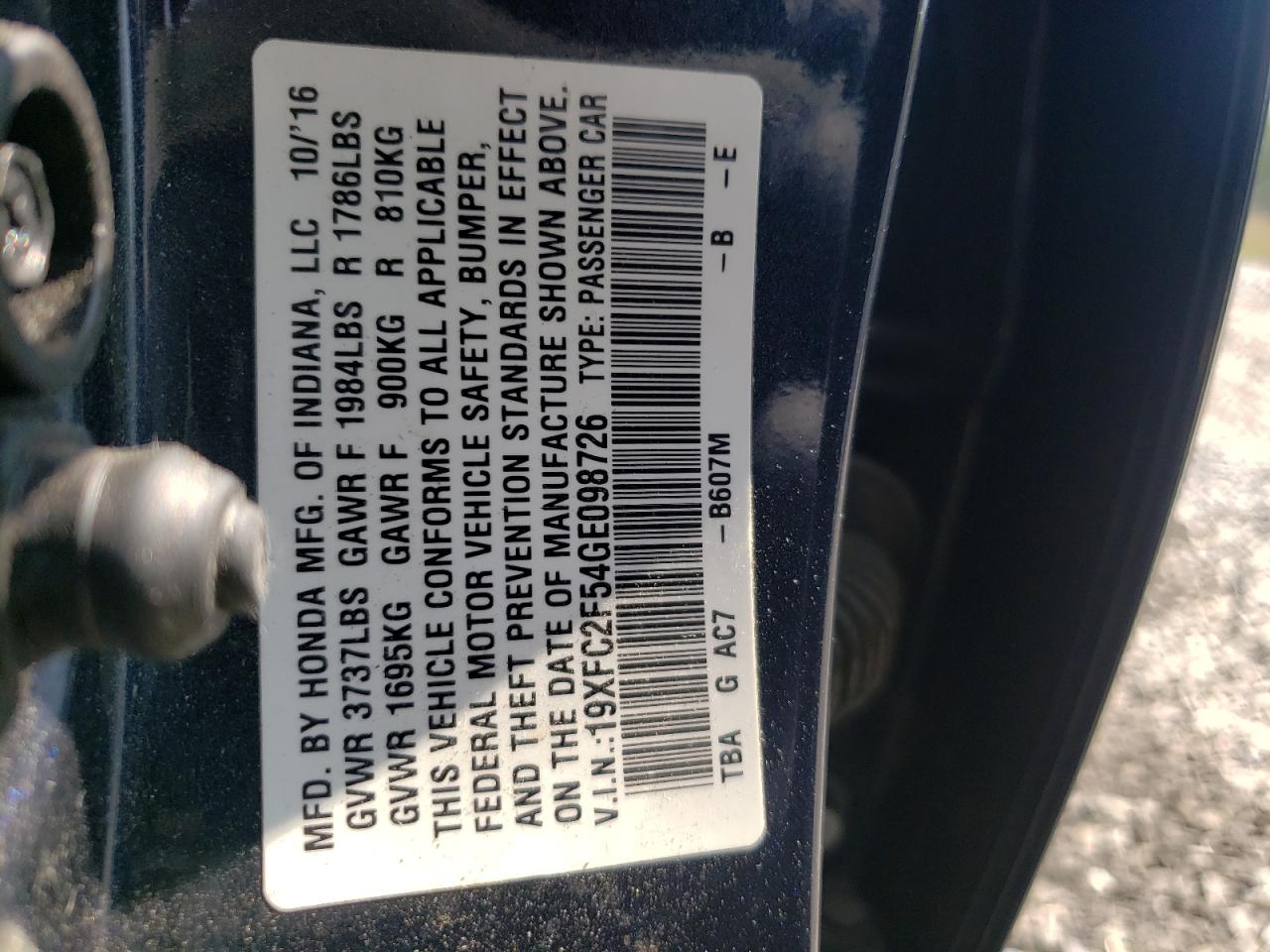 Photo 11 from auction – 2016 HONDA CIVIC LX with VIN 19XFC2F54GE098726