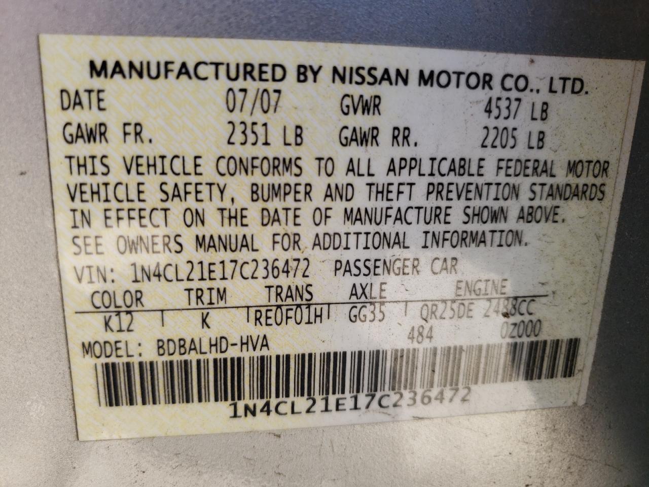 Photo 10 from auction – 2007 NISSAN ALTIMA HYB with VIN 1N4CL21E17C236472
