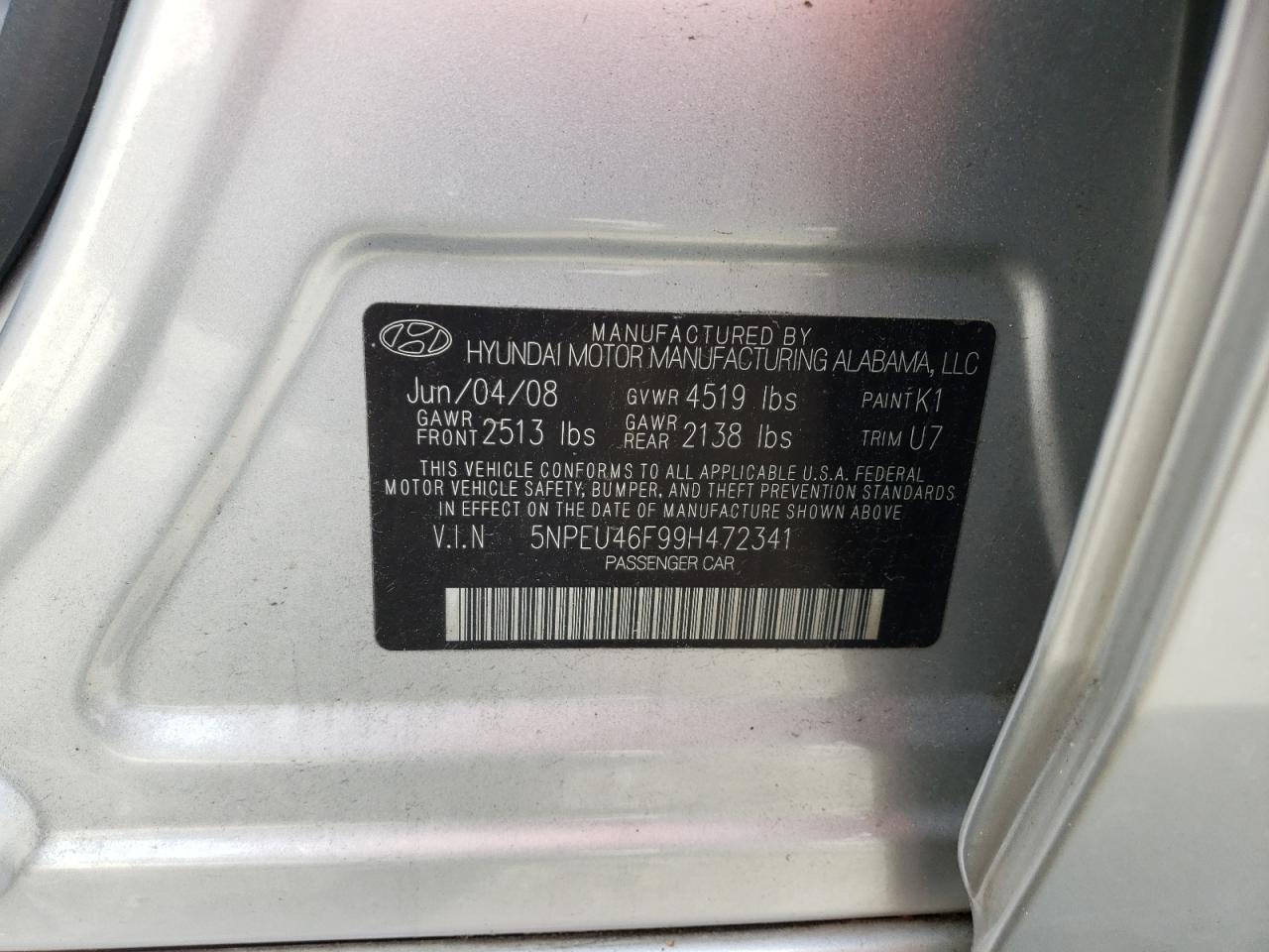 Photo 10 from auction – 2009 HYUNDAI SONATA SE with VIN 5NPEU46F99H472341
