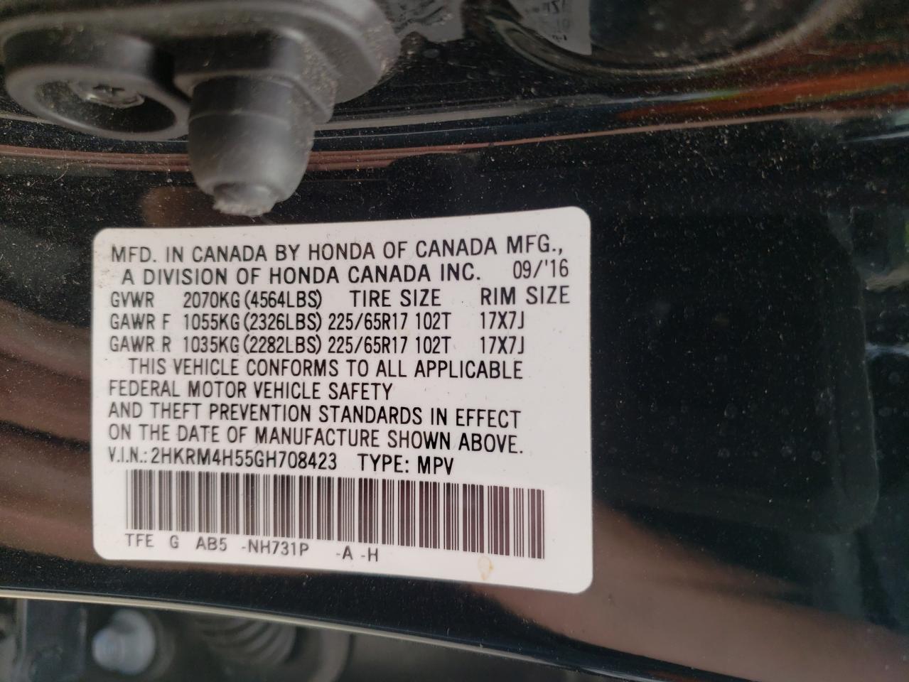 Photo 10 from auction – 2016 HONDA CR-V EX with VIN 2HKRM4H55GH708423