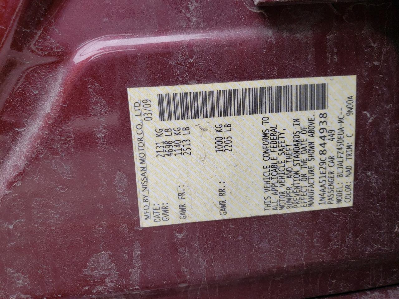 Photo 10 from auction – 2009 NISSAN MAXIMA S with VIN 1N4AA51E29C844938