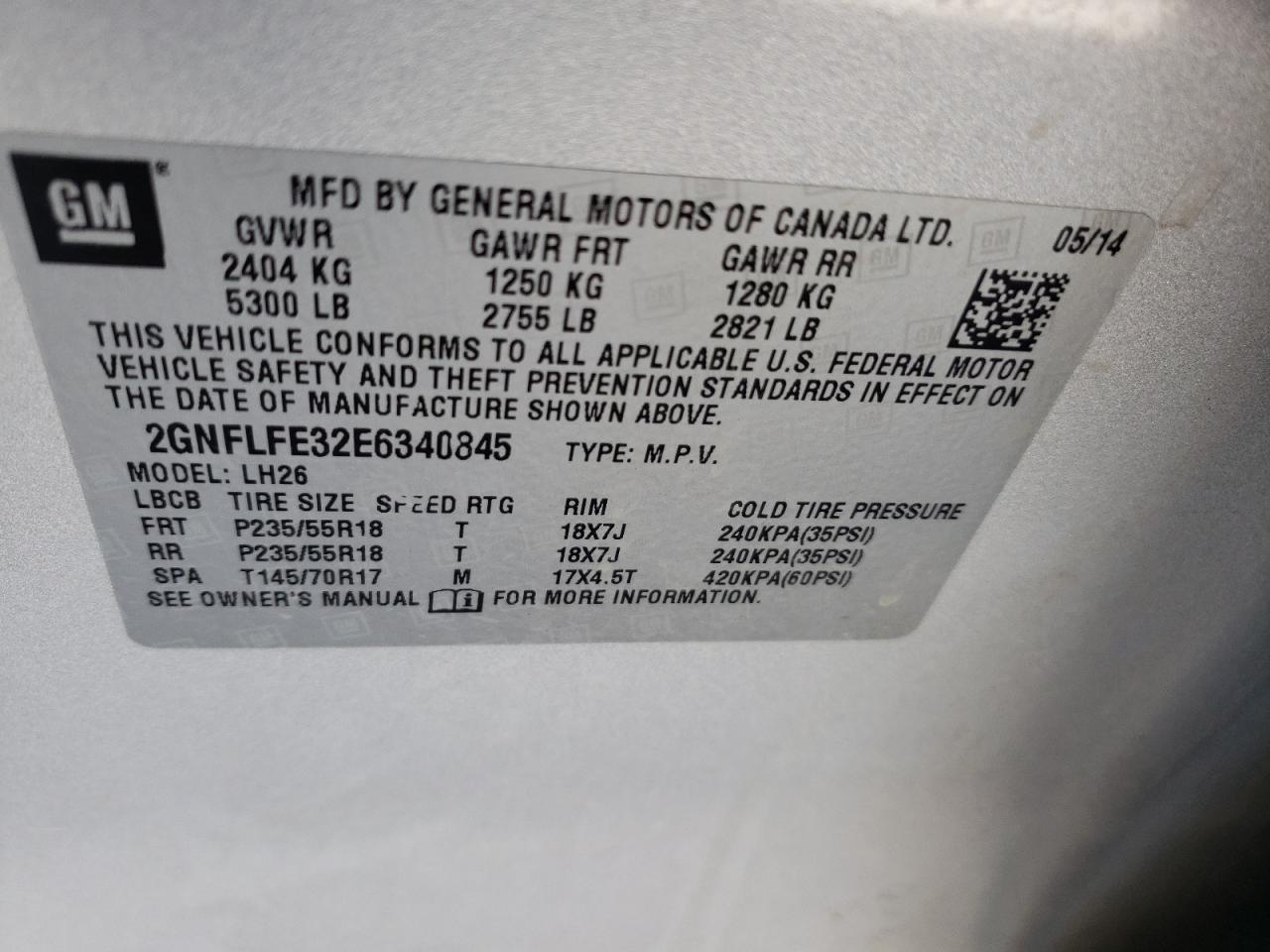 Photo 10 from auction – 2014 CHEVROLET EQUINOX LT with VIN 2GNFLFE32E6340845
