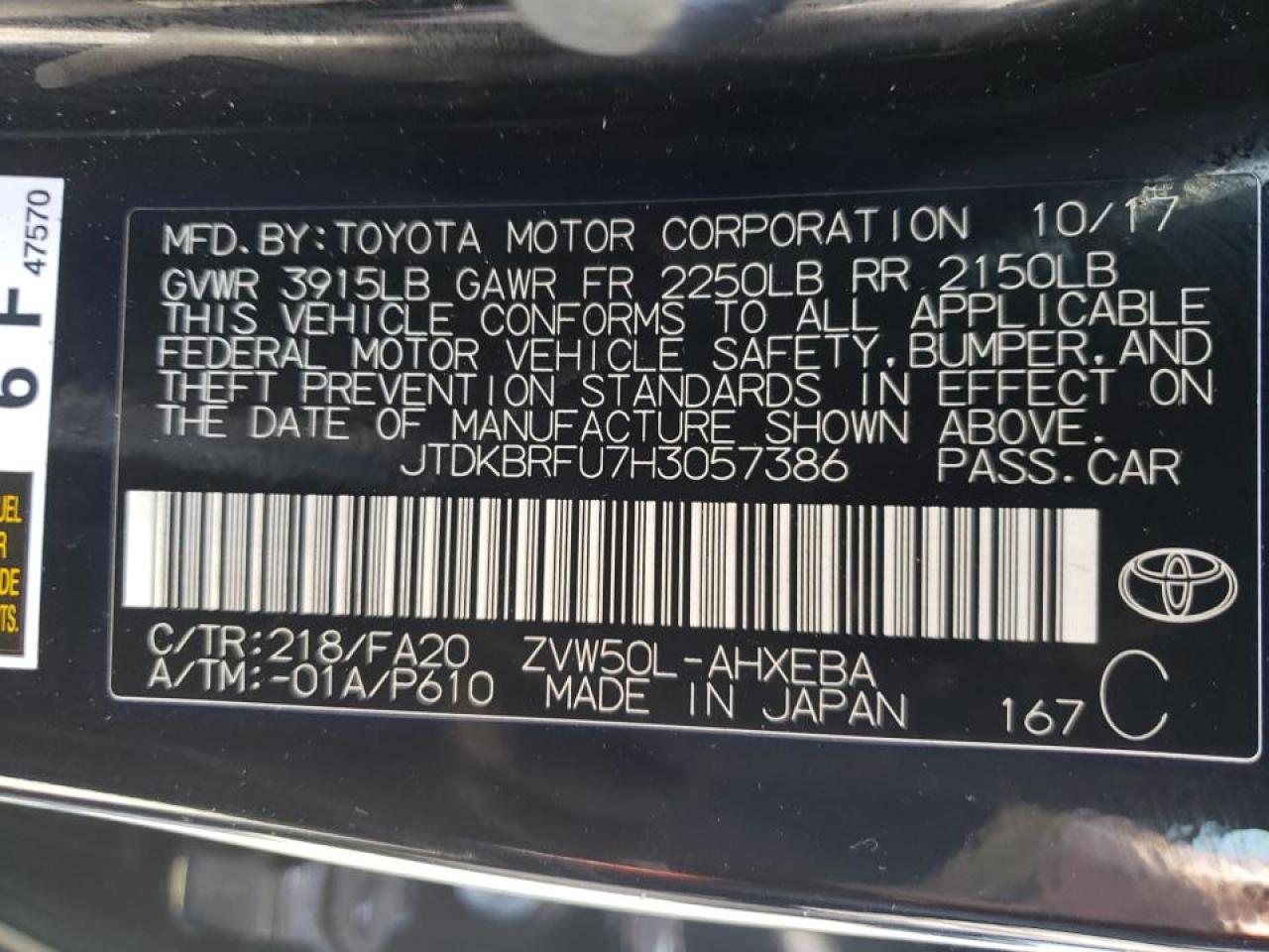 Photo 10 from auction – 2017 TOYOTA PRIUS with VIN JTDKBRFU7H3057386