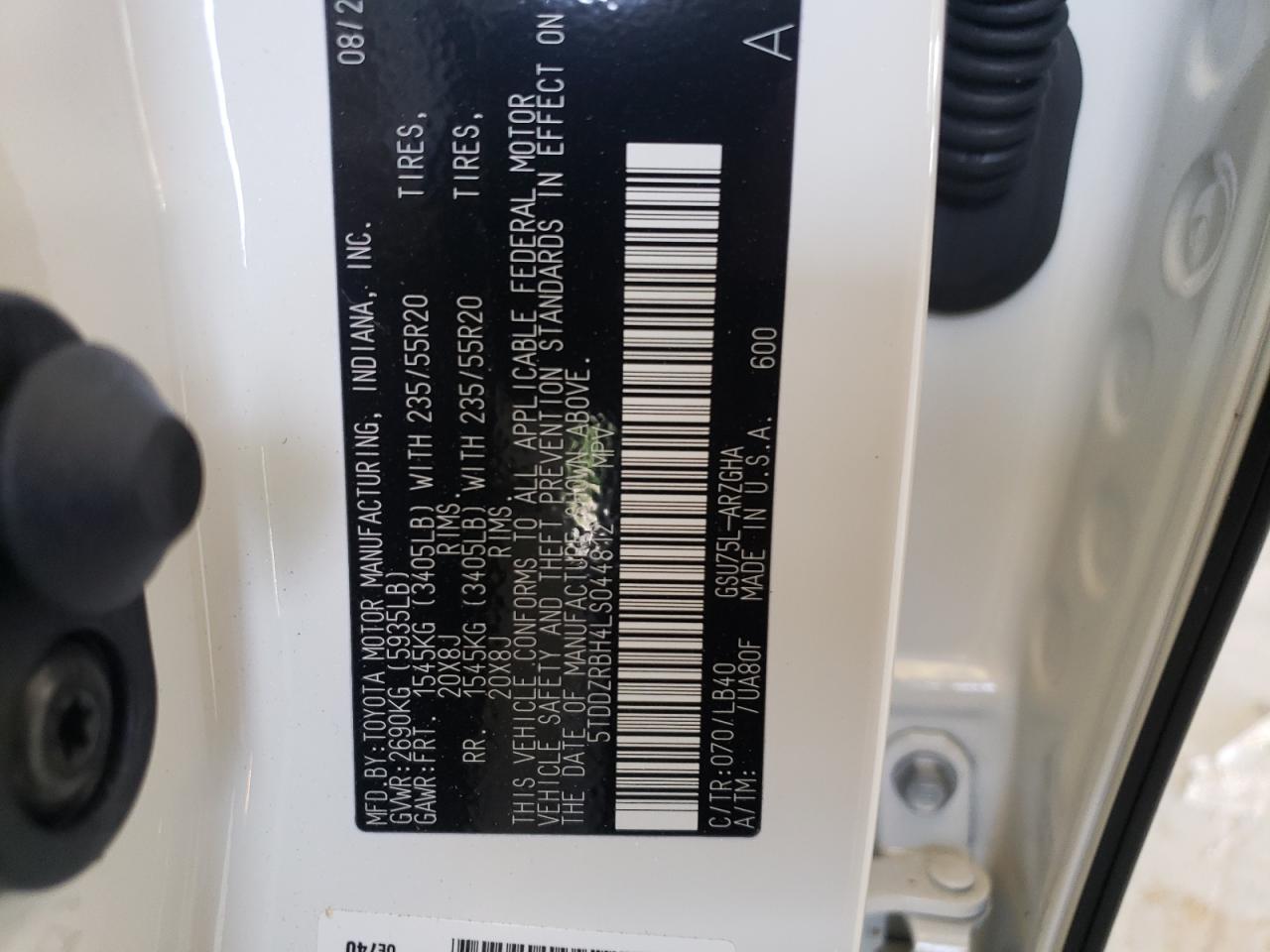 Photo 10 from auction – 2020 TOYOTA HIGHLANDER with VIN 5TDDZRBH4LS044812