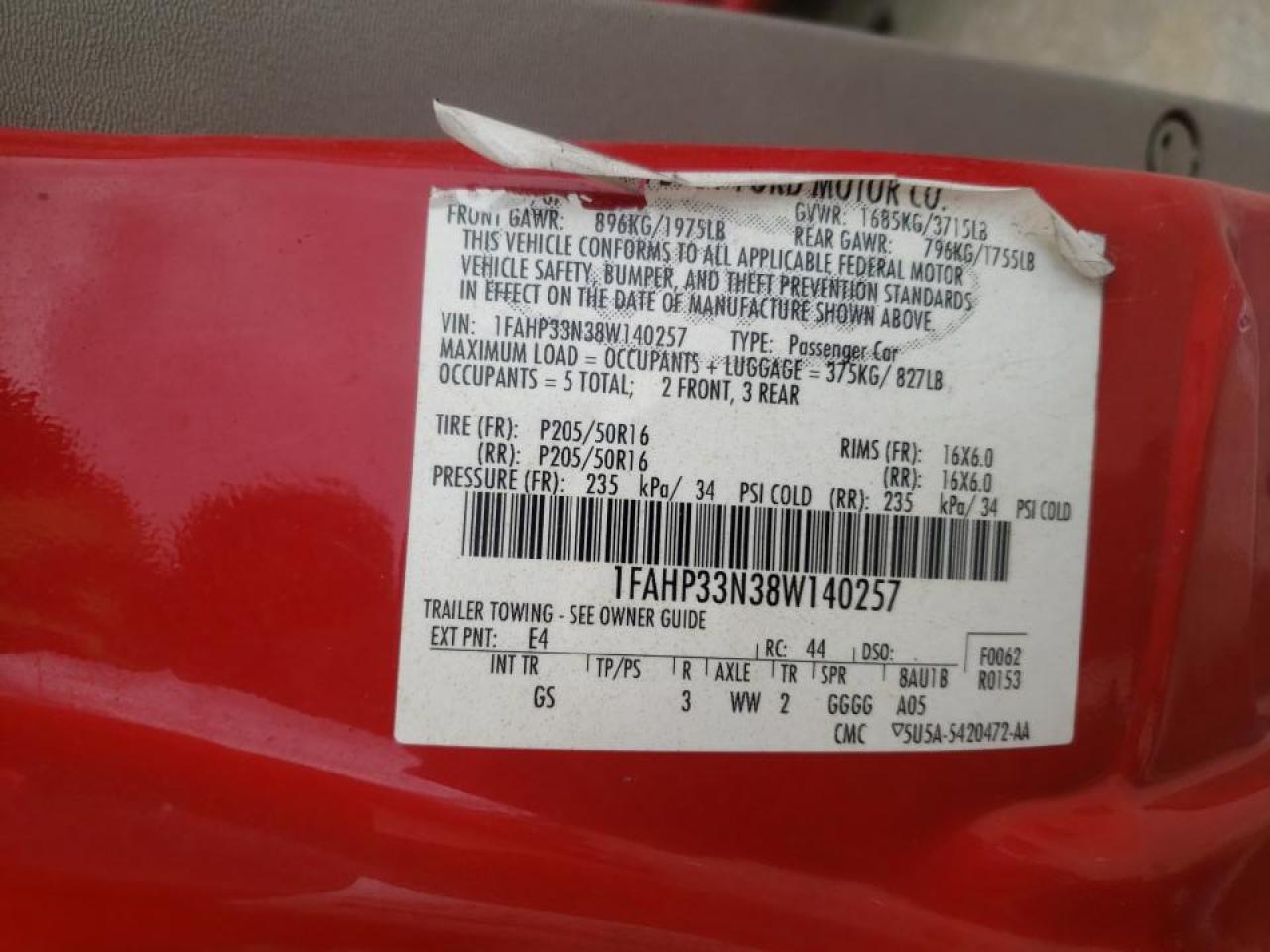 Photo 10 from auction – 2008 FORD FOCUS SE with VIN 1FAHP33N38W140257