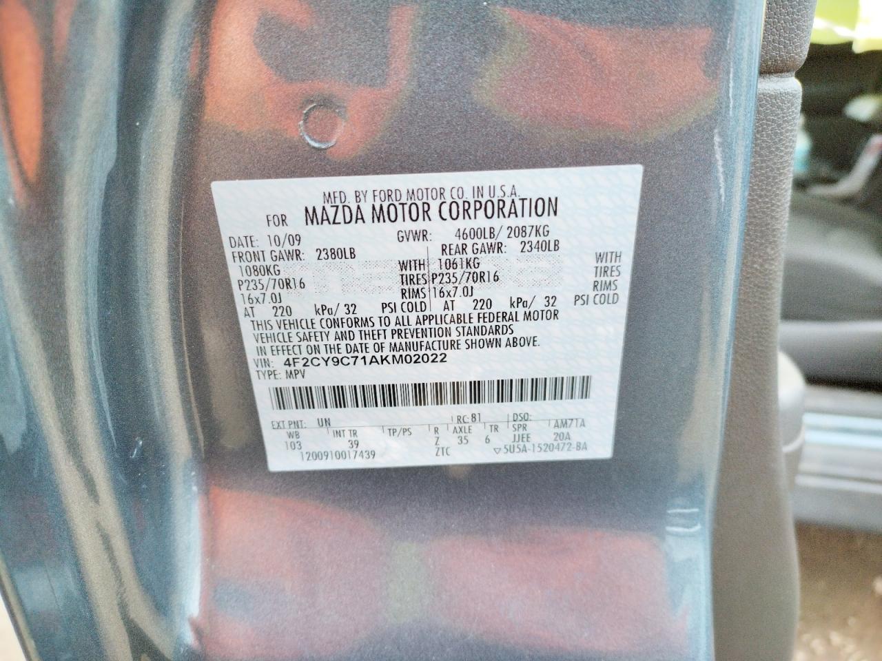 Photo 10 from auction – 2010 MAZDA TRIBUTE I with VIN 4F2CY9C71AKM02022