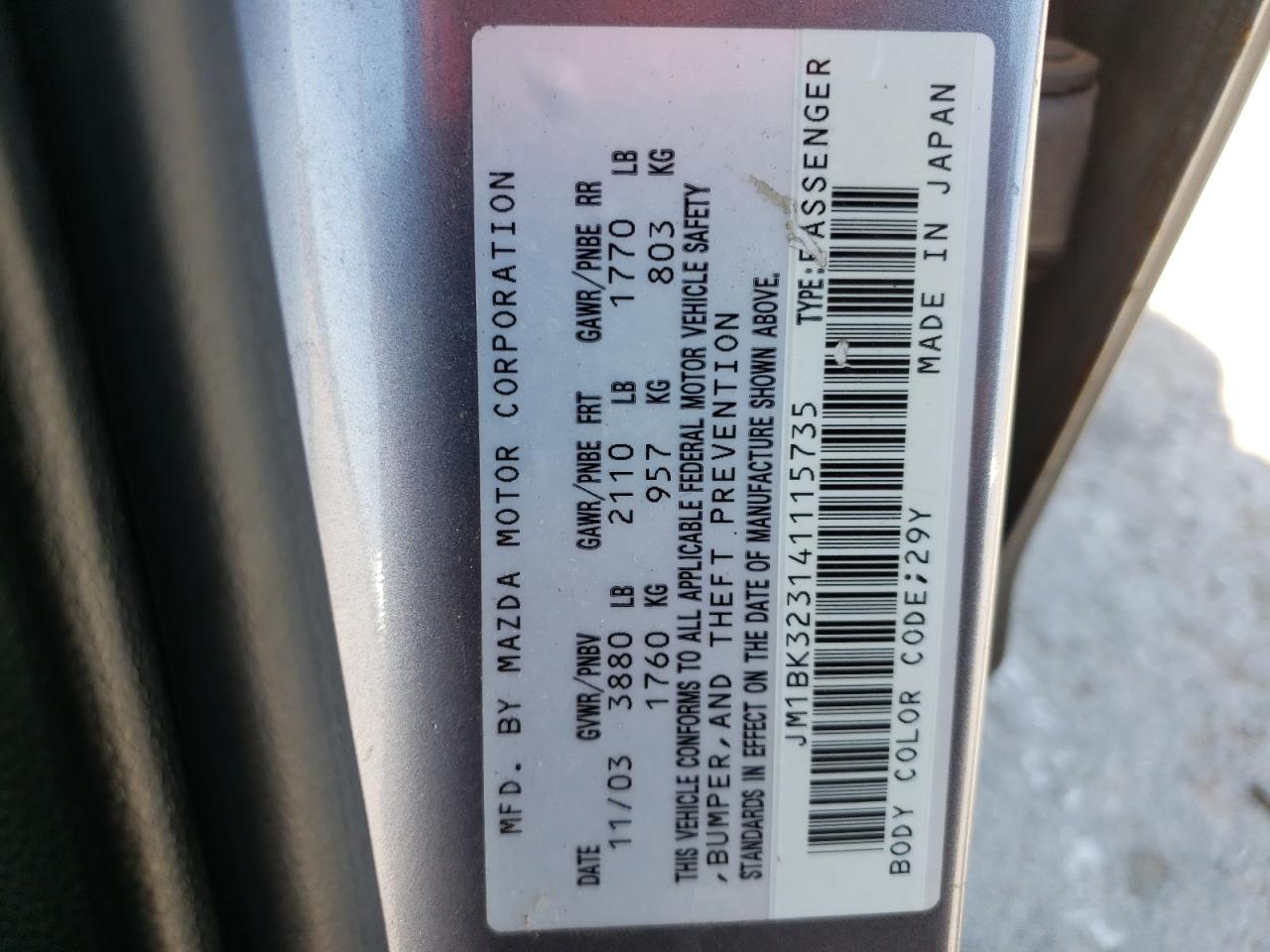 Photo 10 from auction – 2004 MAZDA 3 S with VIN JM1BK323141115735