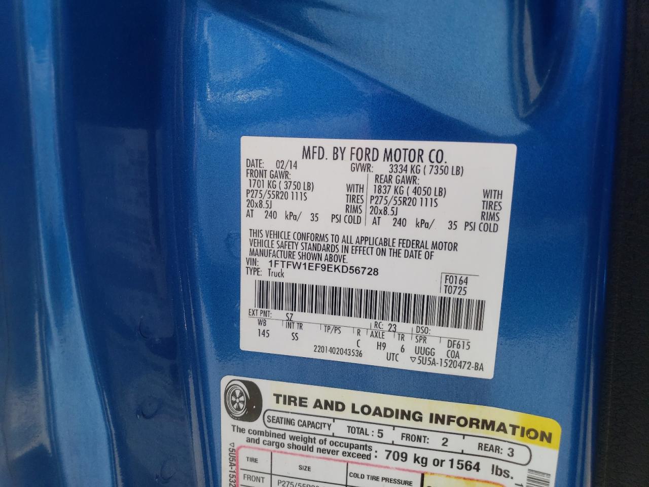 Photo 10 from auction – 2014 FORD F150 SUPER with VIN 1FTFW1EF9EKD56728
