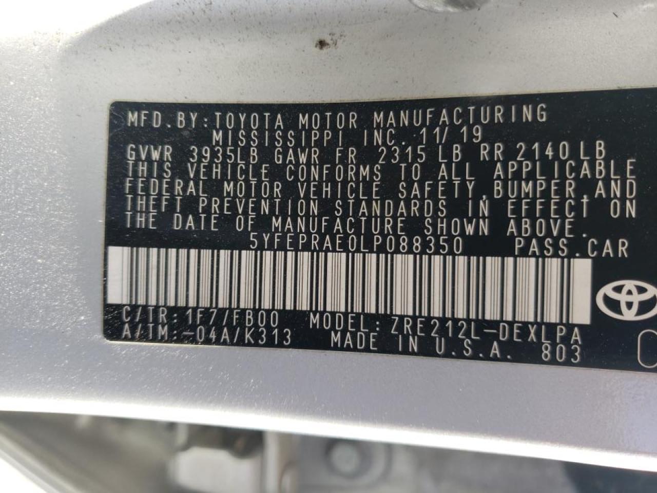Photo 10 from auction – 2020 TOYOTA COROLLA LE with VIN 5YFEPRAE0LP088350