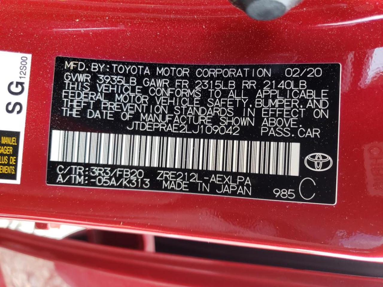 Photo 10 from auction – 2020 TOYOTA COROLLA LE with VIN JTDEPRAE2LJ109042
