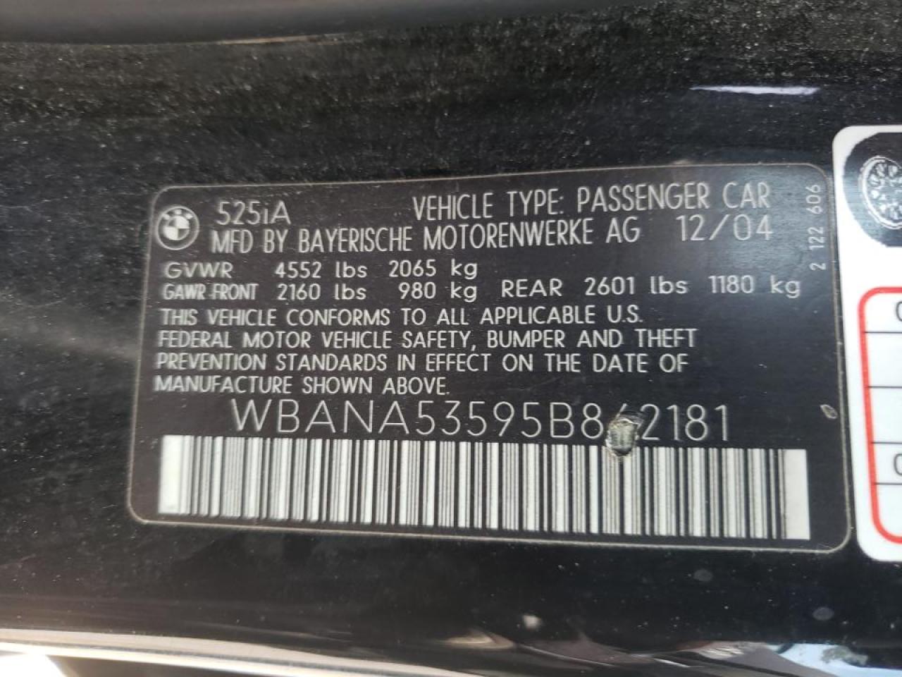 Photo 10 from auction – 2005 BMW 525 I with VIN WBANA53595B862181