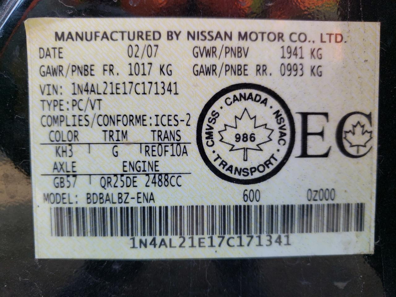 Photo 10 from auction – 2007 NISSAN ALTIMA 2.5 with VIN 1N4AL21E17C171341