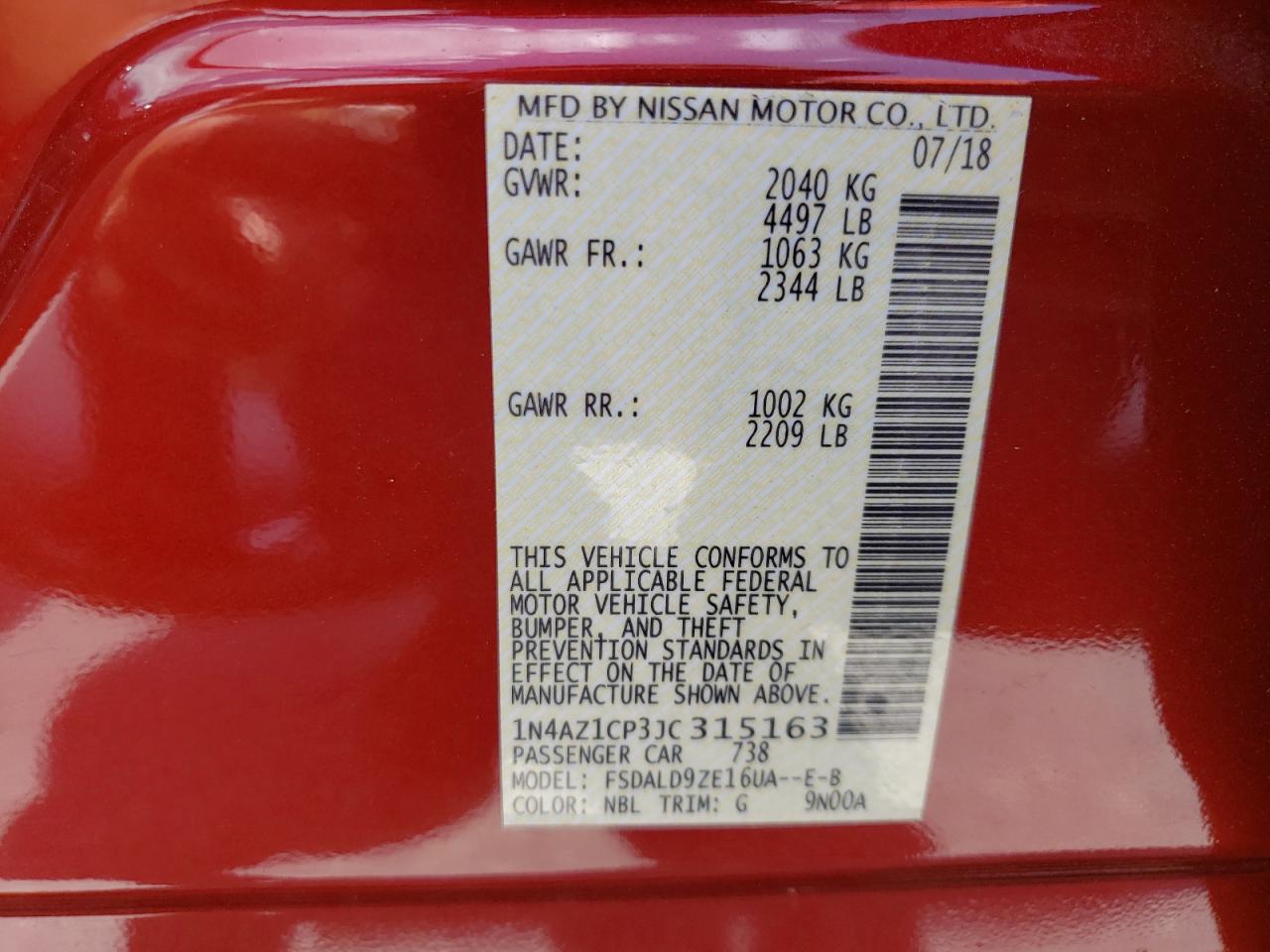 Photo 10 from auction – 2018 NISSAN LEAF S with VIN 1N4AZ1CP3JC315163