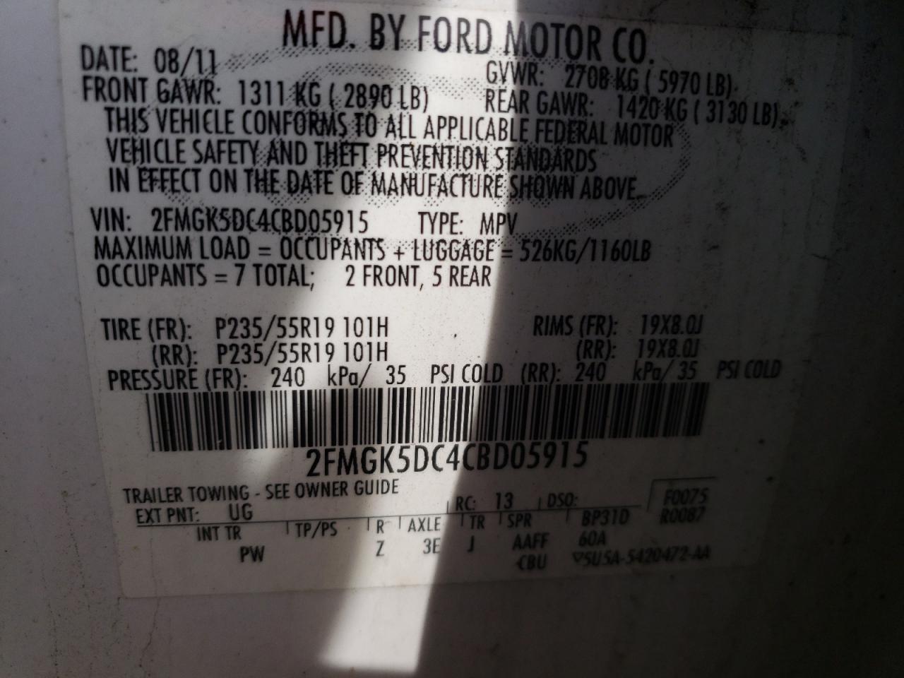 Photo 10 from auction – 2012 FORD FLEX LIMIT with VIN 2FMGK5DC4CBD05915