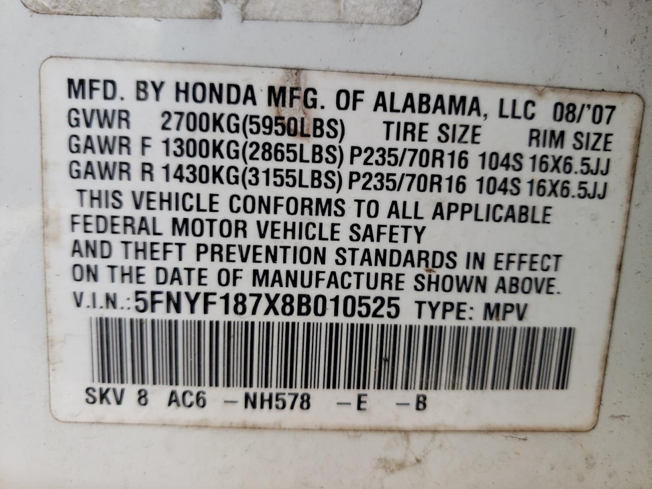 Photo 10 from auction – 2008 HONDA PILOT EXL with VIN 5FNYF187X8B010525