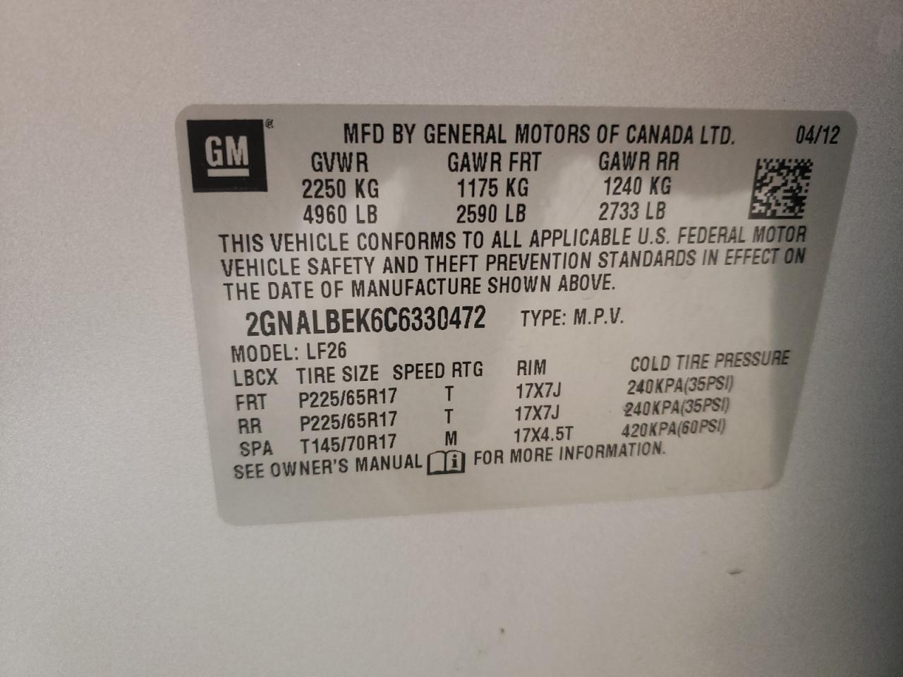 Photo 10 from auction – 2012 CHEVROLET EQUINOX LS with VIN 2GNALBEK6C6330472