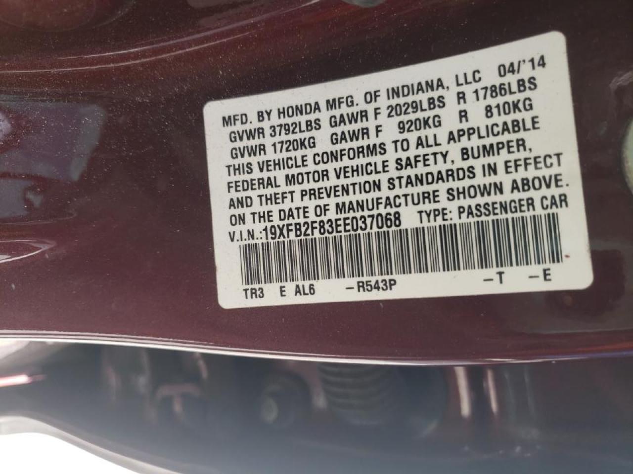Photo 10 from auction – 2014 HONDA CIVIC EX with VIN 19XFB2F83EE037068