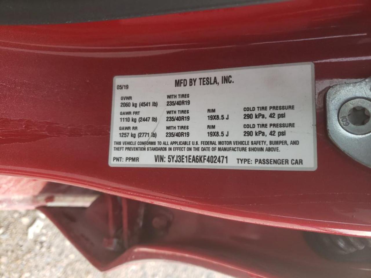 Photo 10 from auction – 2019 TESLA MODEL 3 with VIN 5YJ3E1EA6KF402471