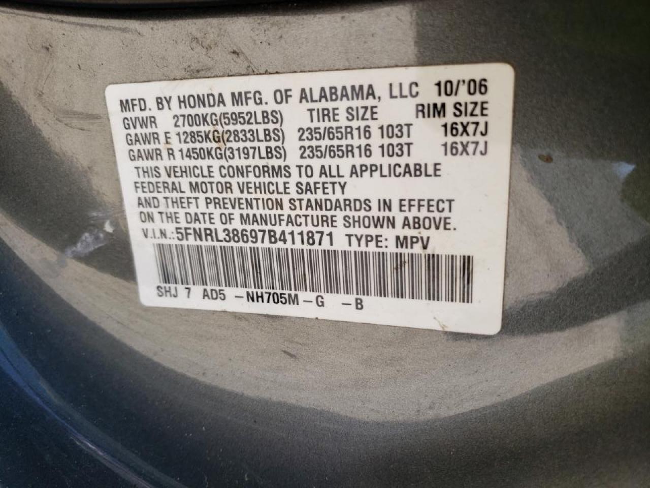 Photo 10 from auction – 2007 HONDA ODYSSEY EX with VIN 5FNRL38697B411871
