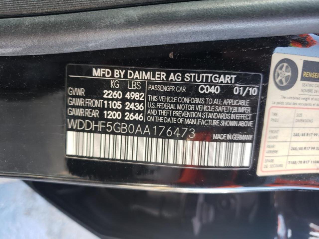 Photo 10 from auction – 2010 MERCEDES-BENZ E 350 with VIN WDDHF5GB0AA176473