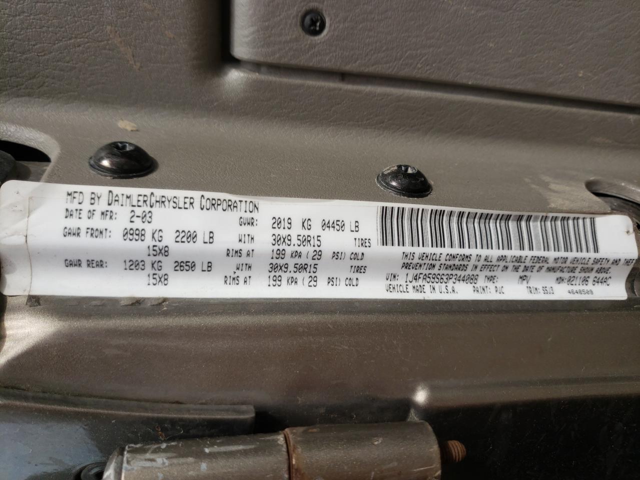 Photo 10 from auction – 2003 JEEP WRANGLER / with VIN 1J4FA59S63P344088
