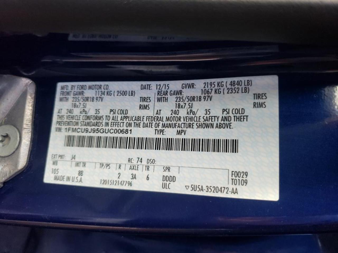 Photo 10 from auction – 2016 FORD ESCAPE TIT with VIN 1FMCU9J95GUC00681